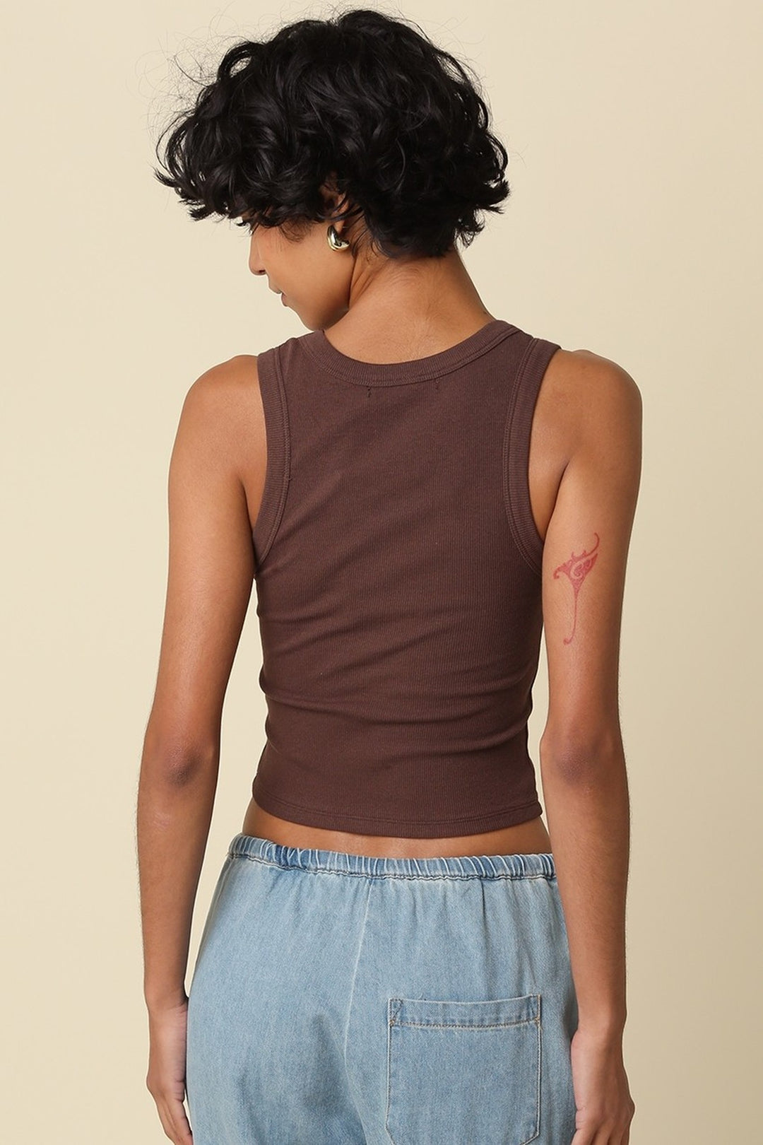 Brown ribbed crop tank, back view