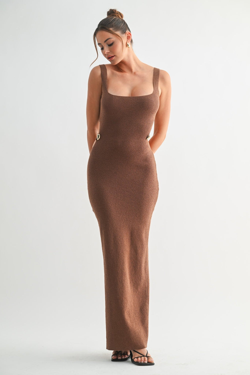 Full length brown knit dress with structure and stretch