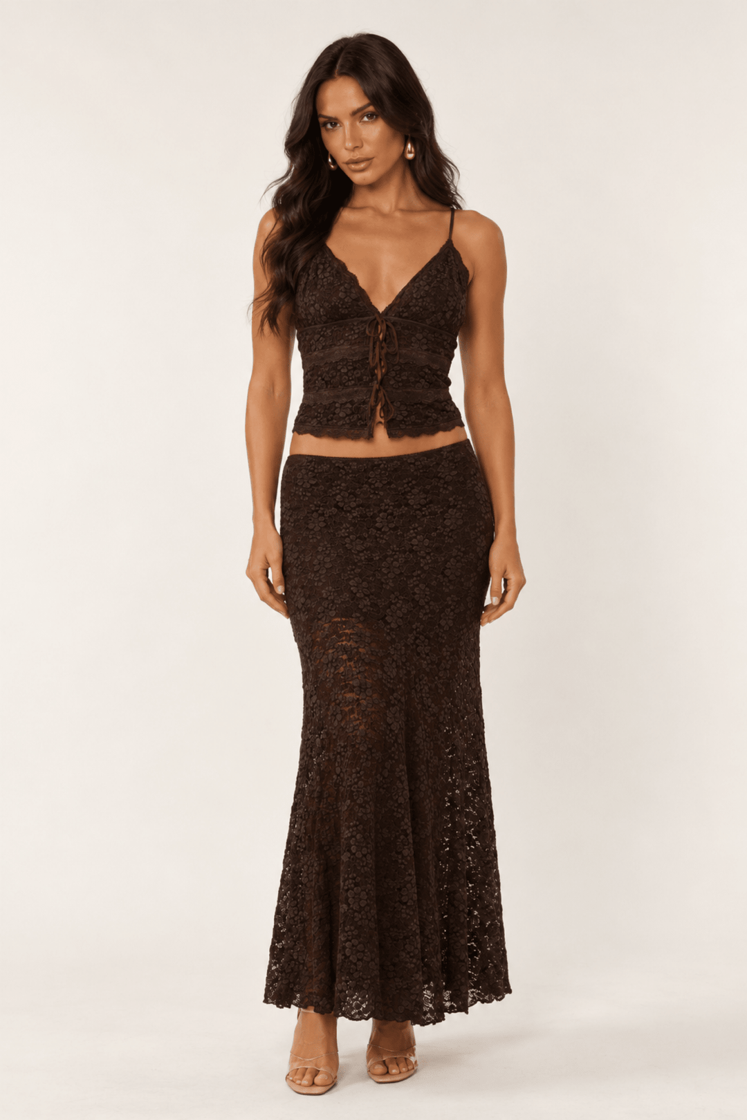 Brown Lace Tie Front Cami - STYLED BY ALX COUTUREShirts &amp; Tops