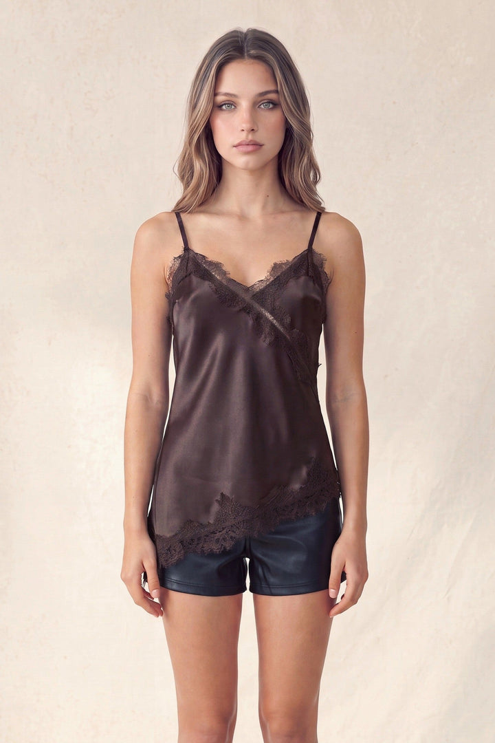 Brown Lace Trim Asymmetric Hem Cami Top - STYLED BY ALX COUTURETops