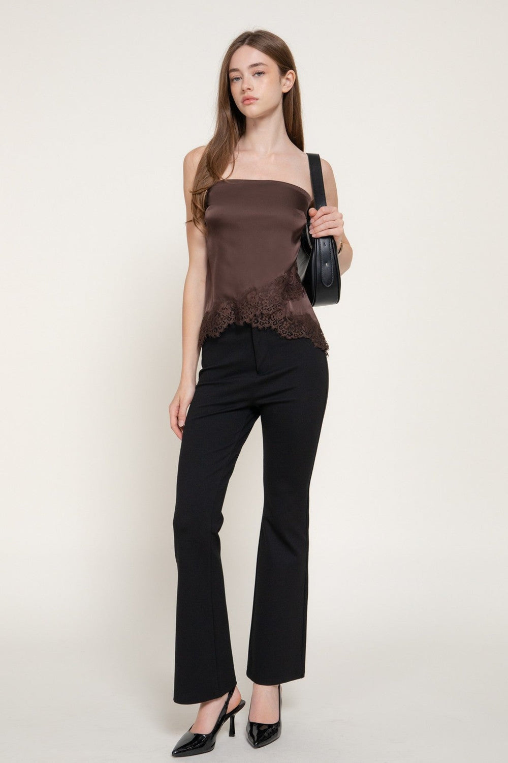 Brown Lace Trim Satin Tube Top - STYLED BY ALX COUTURETops