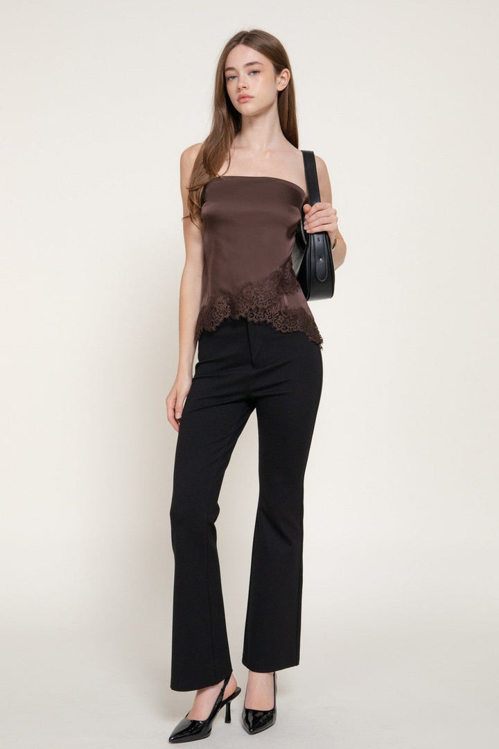 Brown Lace Trim Satin Tube Top - STYLED BY ALX COUTURETops