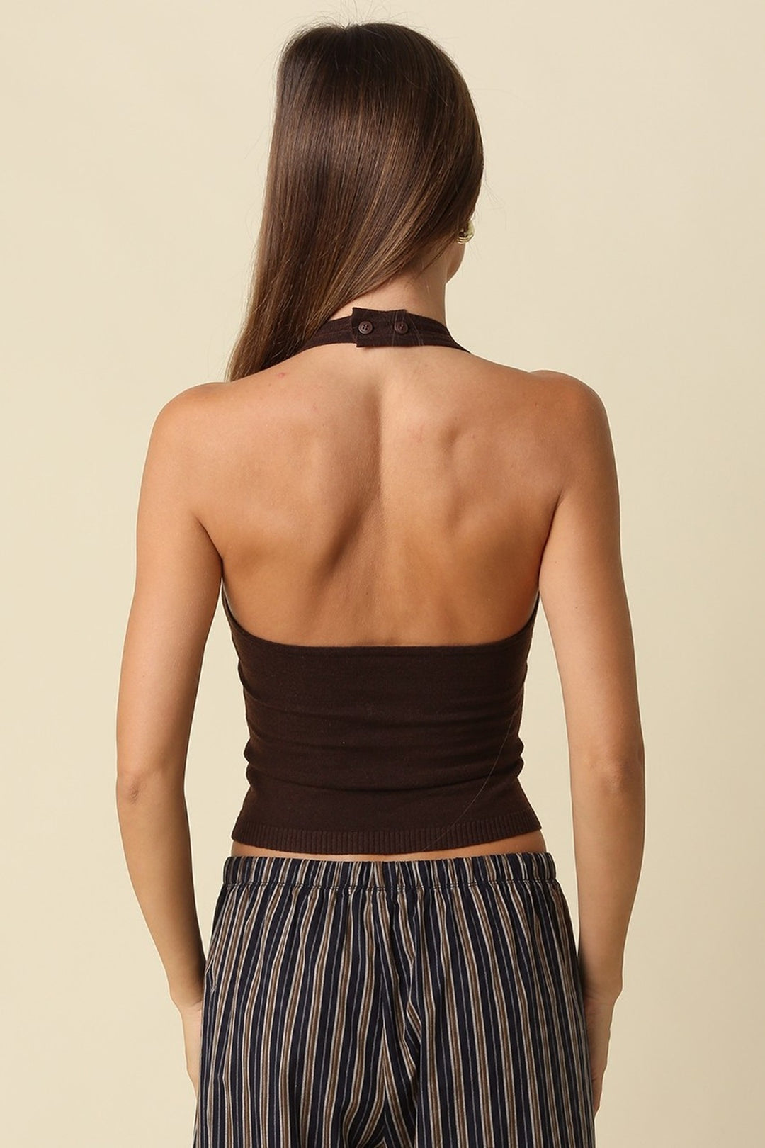 Brown Max halter top showing the open back, back view