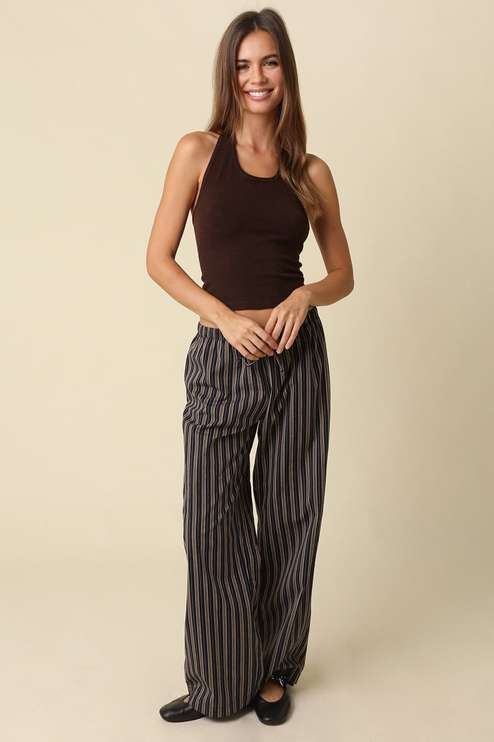 Brown ribbed halter knit top, walking