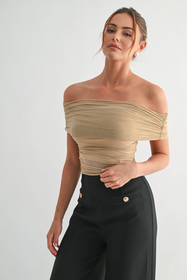 Brown Mesh Off - shoulder Ruched Top - STYLED BY ALX COUTUREShirts & Tops