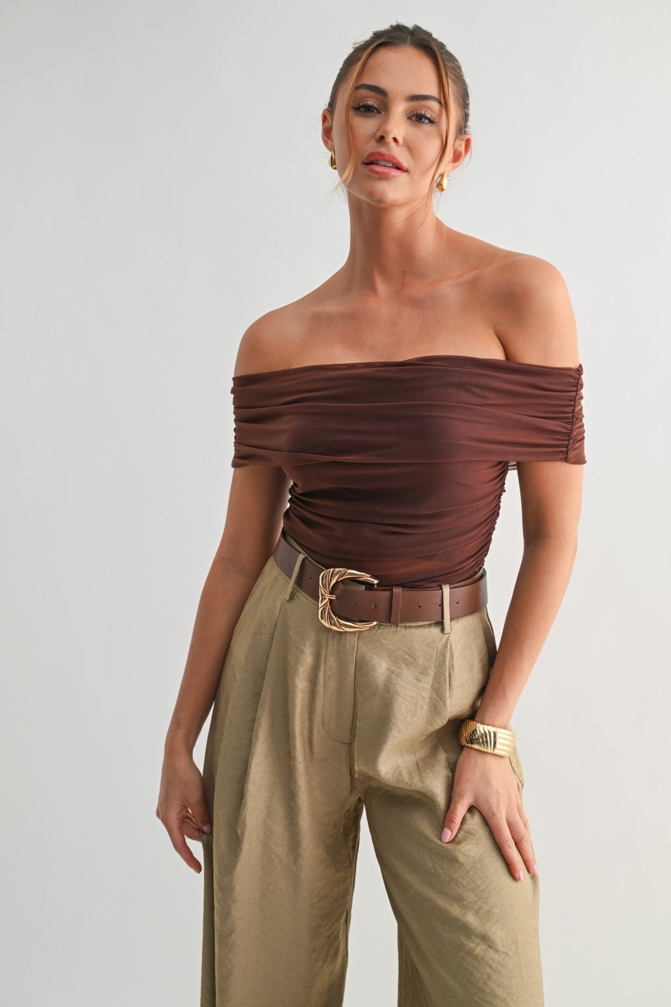 Brown Mesh Off-shoulder Ruched Top – STYLED BY ALX COUTURE