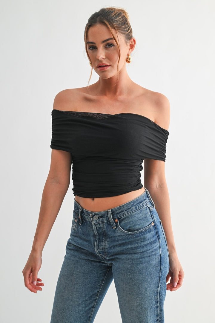 Brown Mesh Off - shoulder Ruched Top - STYLED BY ALX COUTUREShirts & Tops