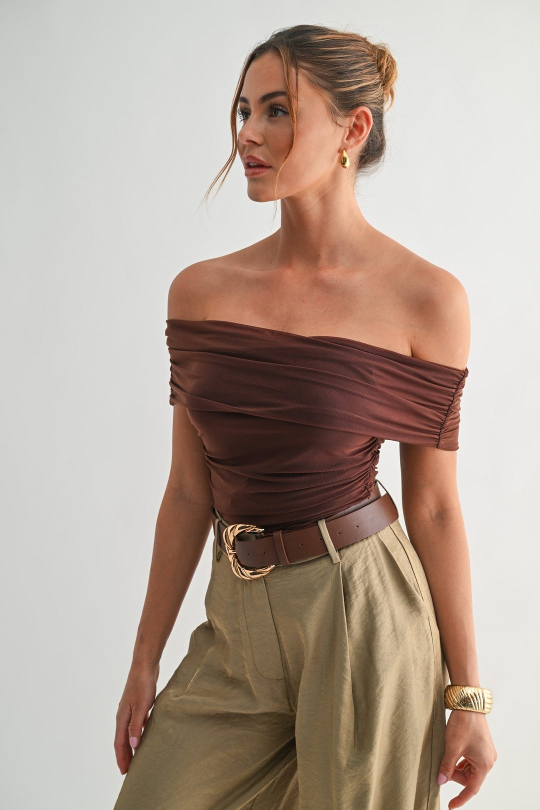 Brown Mesh Off - shoulder Ruched Top - STYLED BY ALX COUTUREShirts & Tops