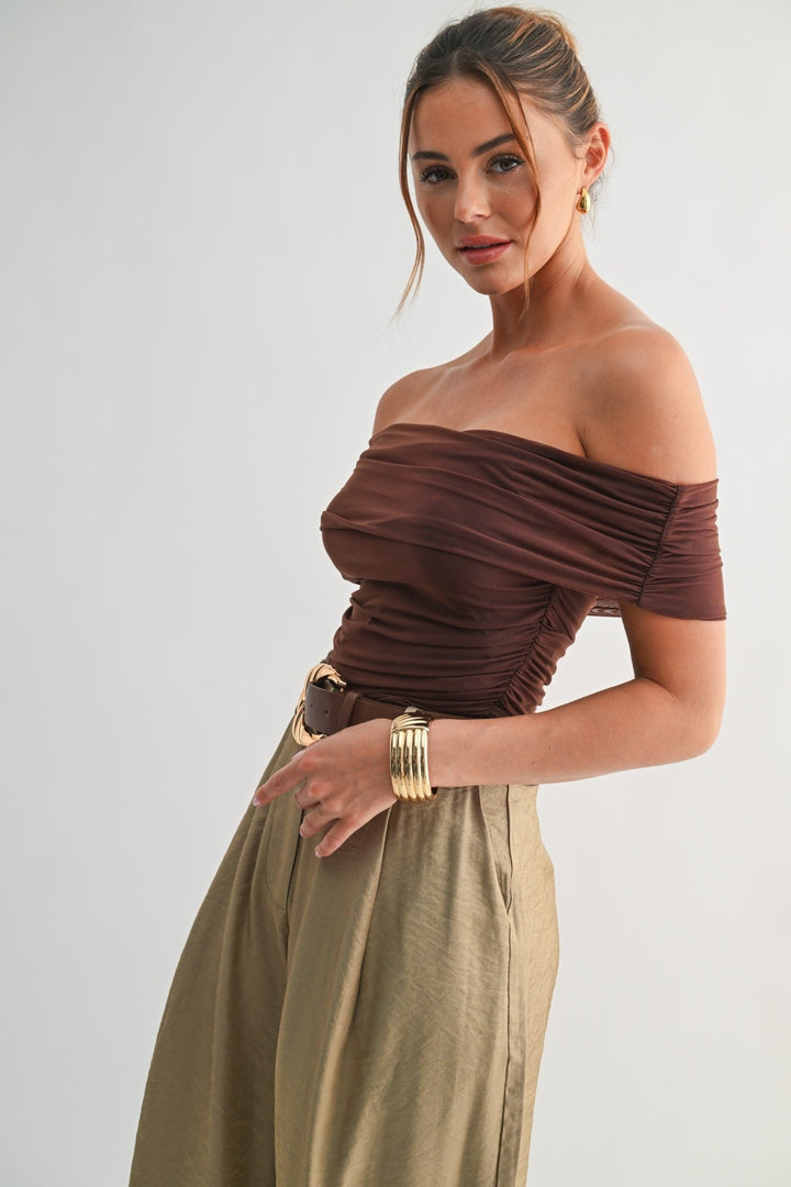 Brown Mesh Off - shoulder Ruched Top - STYLED BY ALX COUTUREShirts & Tops