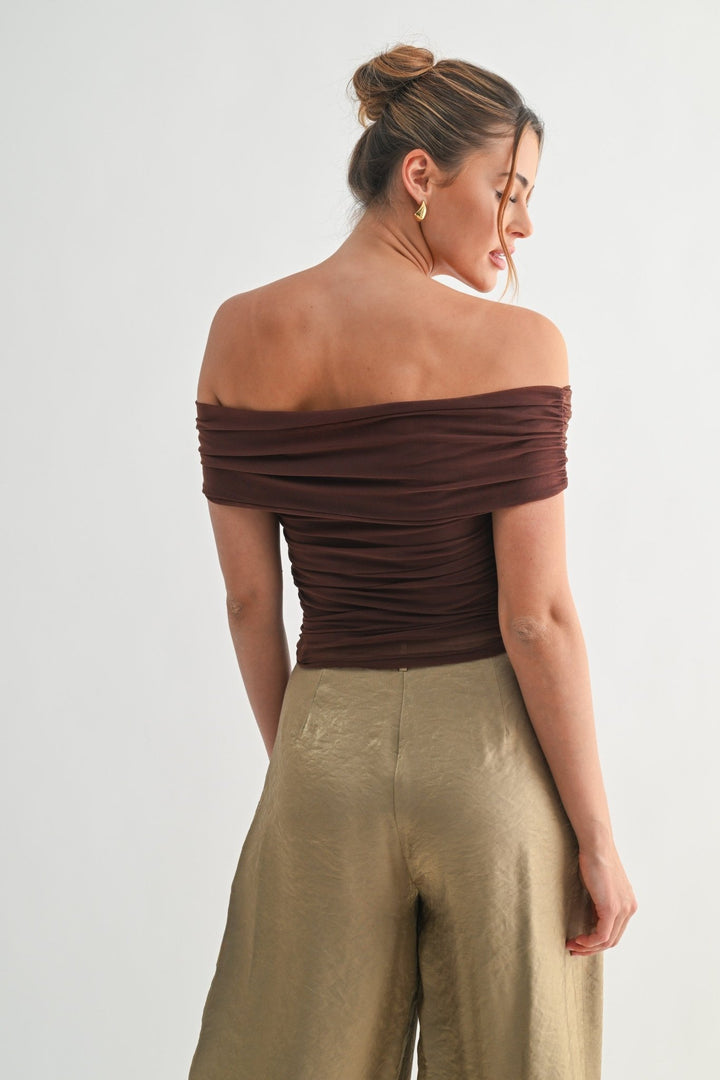 Brown Mesh Off - shoulder Ruched Top - STYLED BY ALX COUTUREShirts & Tops