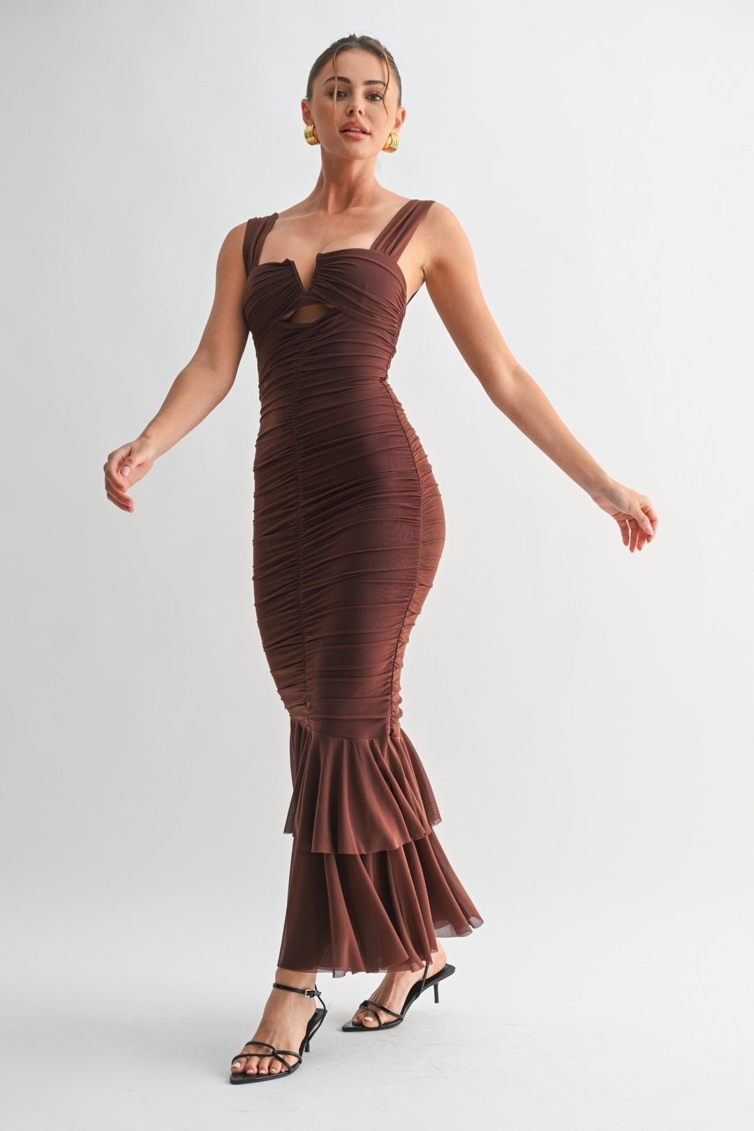 Brown Mesh Ruffle Long Dress Brown Mesh Ruffle Long Dress