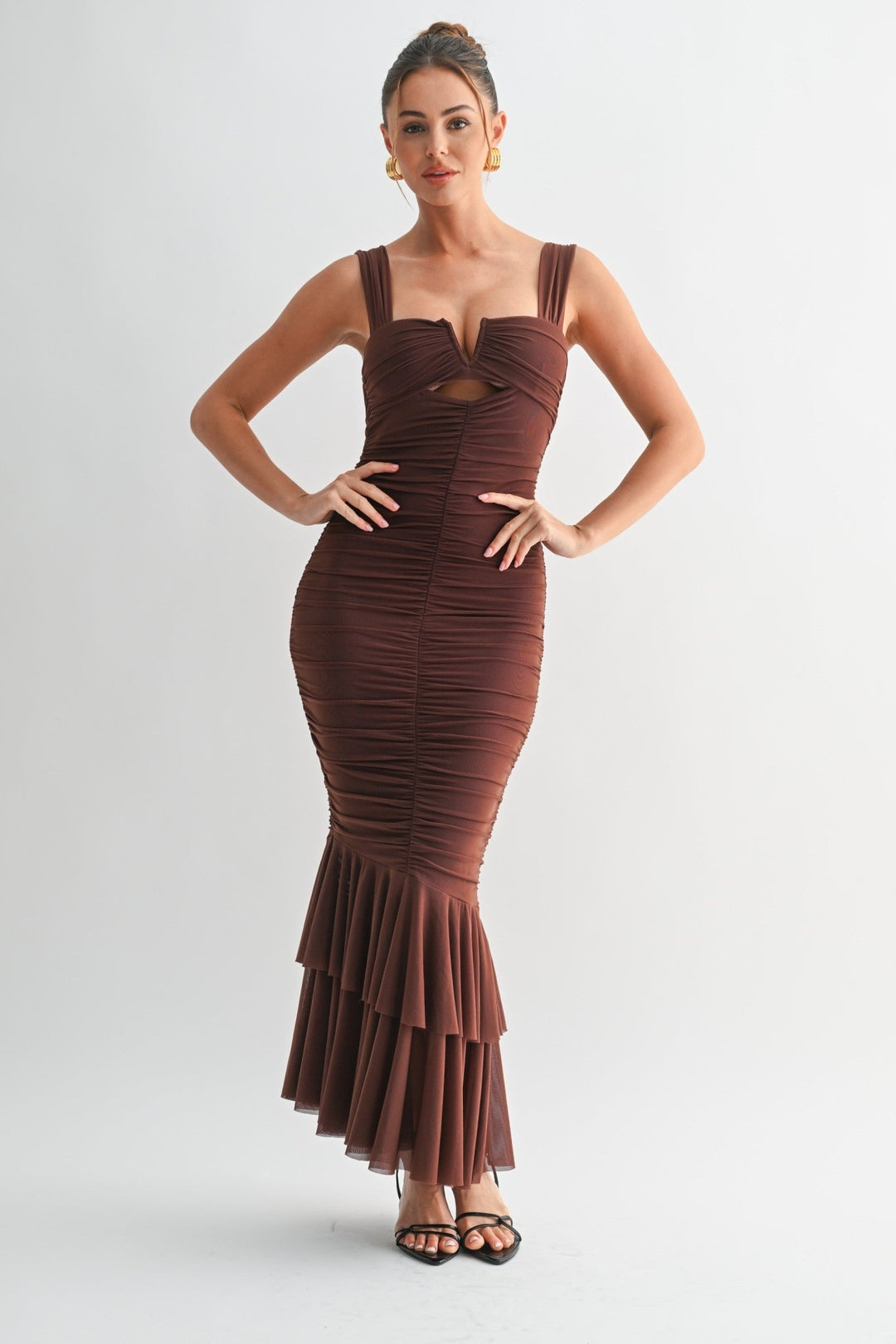 Brown Mesh Ruffle Long Dress - STYLED BY ALX COUTUREDresses