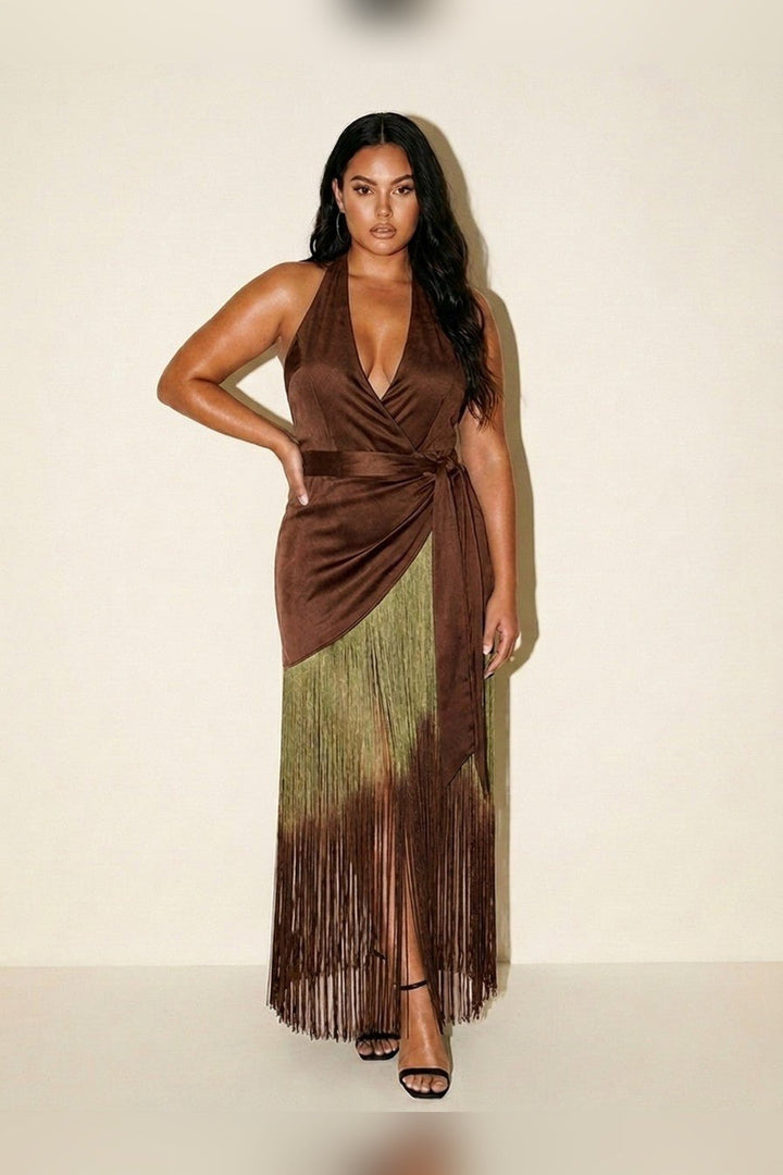 Brown Ombre Fringe Halter Dress - STYLED BY ALX COUTUREDresses