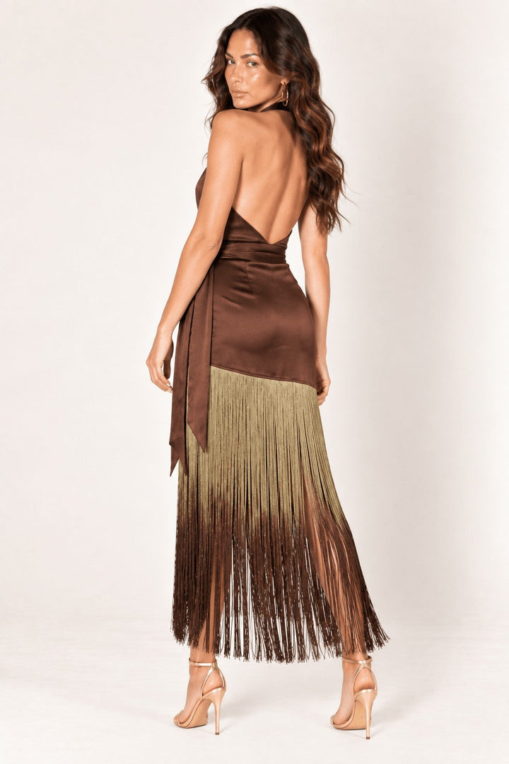 Brown Ombre Fringe Halter Dress - STYLED BY ALX COUTUREDresses