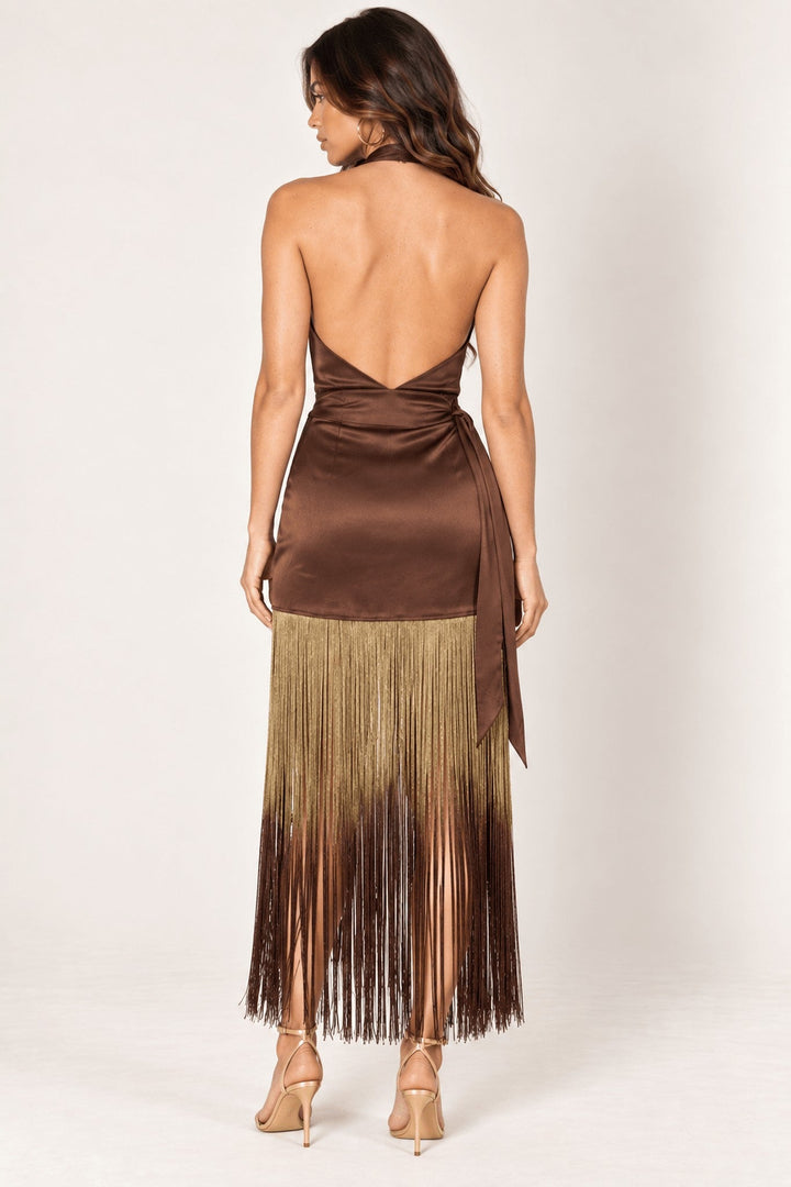Brown Ombre Fringe Halter Dress - STYLED BY ALX COUTUREDresses