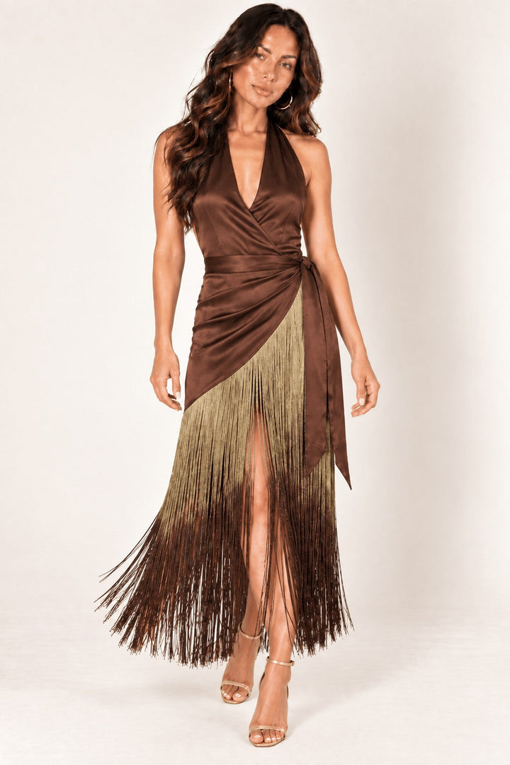 Brown Ombre Fringe Halter Dress - STYLED BY ALX COUTUREDresses