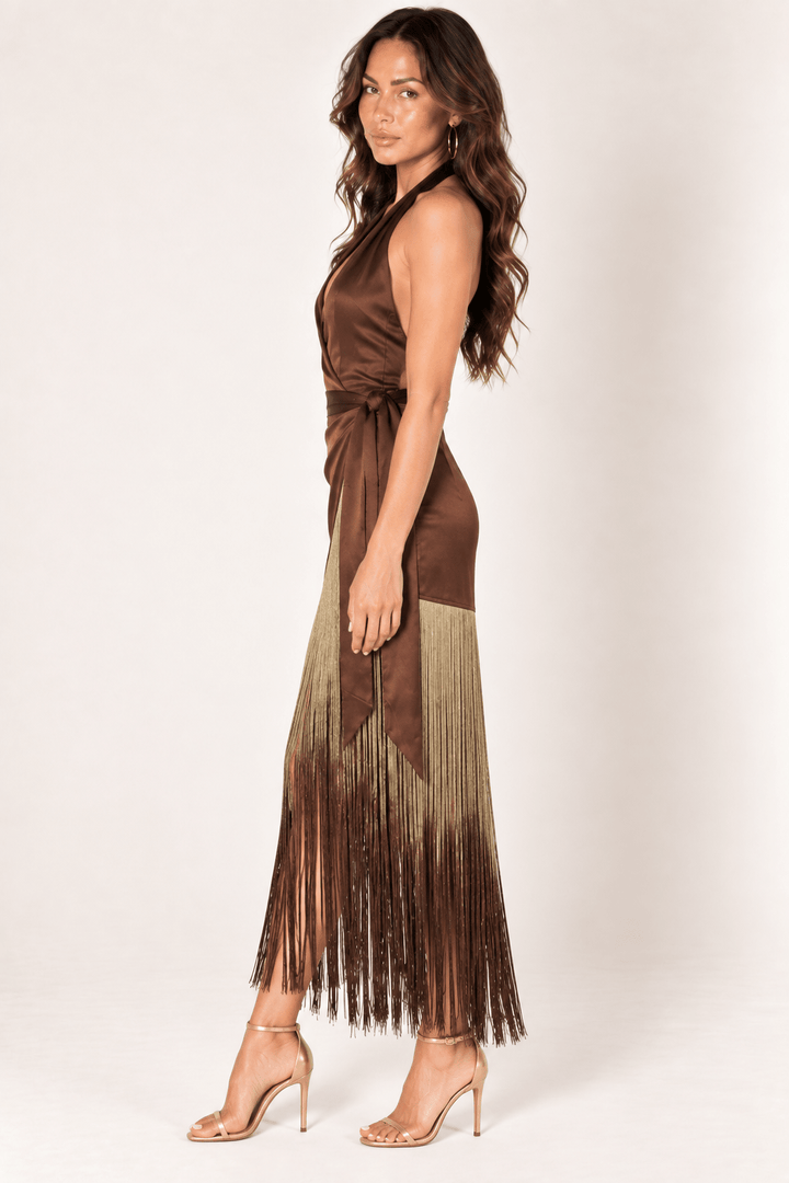 Brown Ombre Fringe Halter Dress - STYLED BY ALX COUTUREDresses
