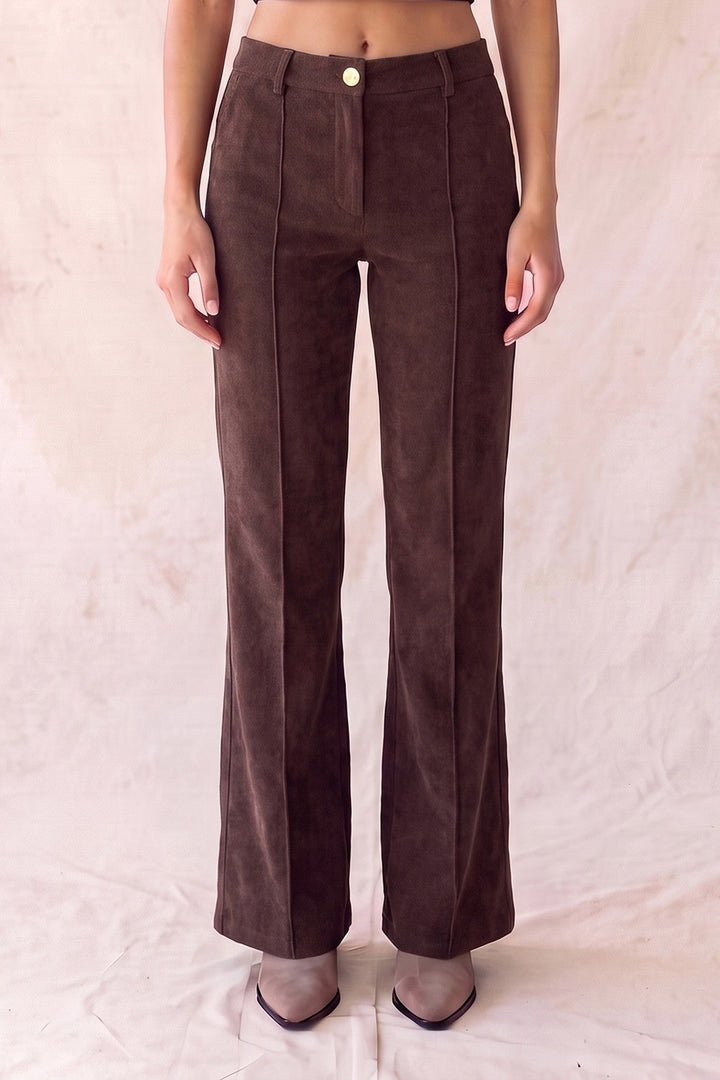Brown pintuck wide leg pants with metallic button, front view