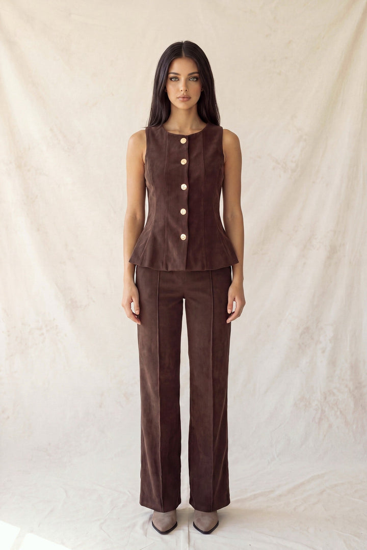 Brown Pintuck High Waist Wide Leg Pants - STYLED BY ALX COUTUREPants
