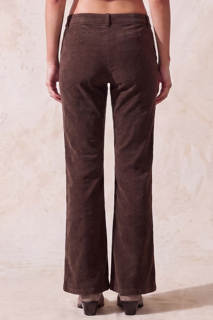 Brown pintuck wide leg pants, back view
