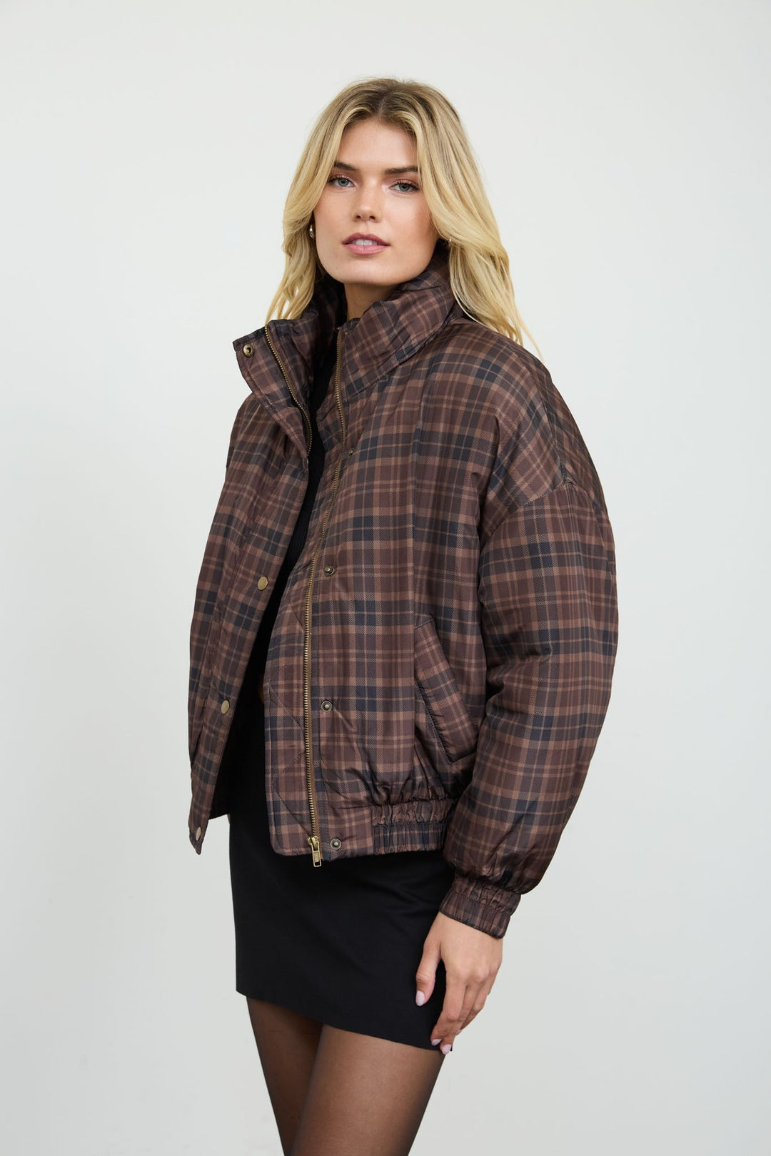 Brown Plaid Cropped Puffer Jacket - STYLED BY ALX COUTUREJackets &amp; Coats