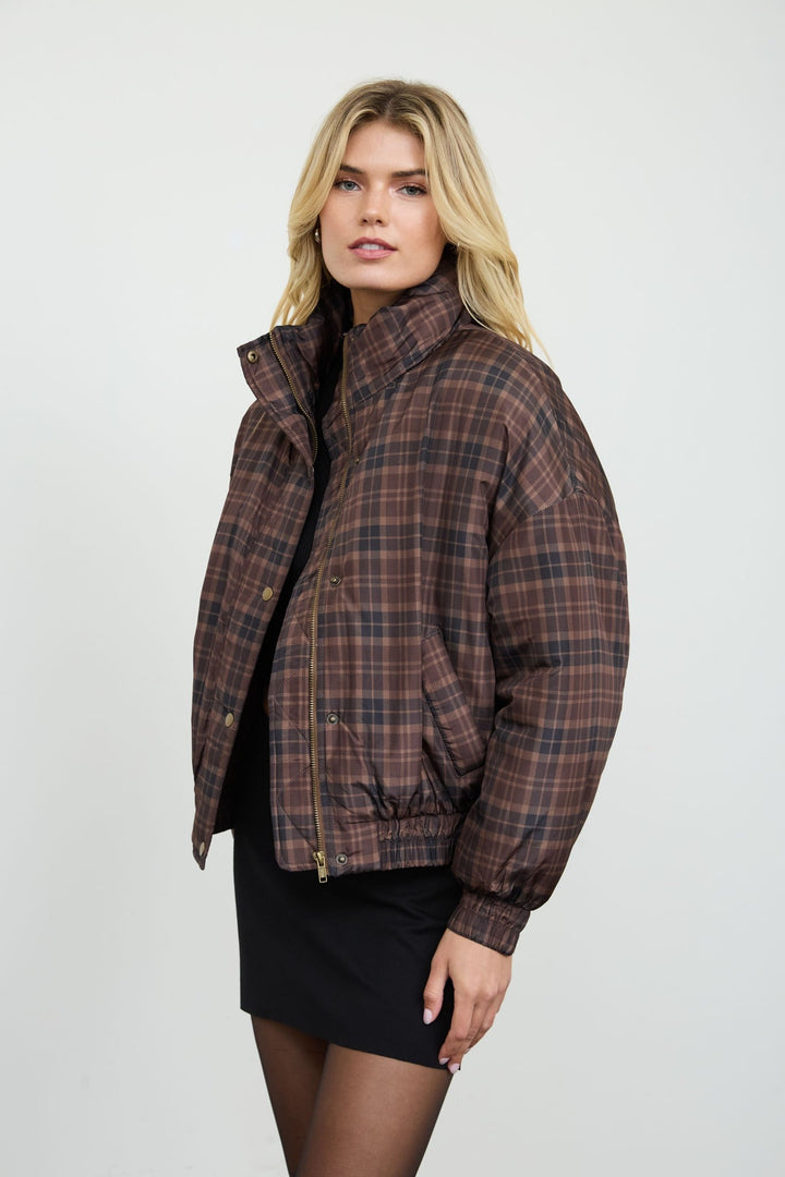 Brown Plaid Cropped Puffer Jacket - STYLED BY ALX COUTUREJackets &amp; Coats