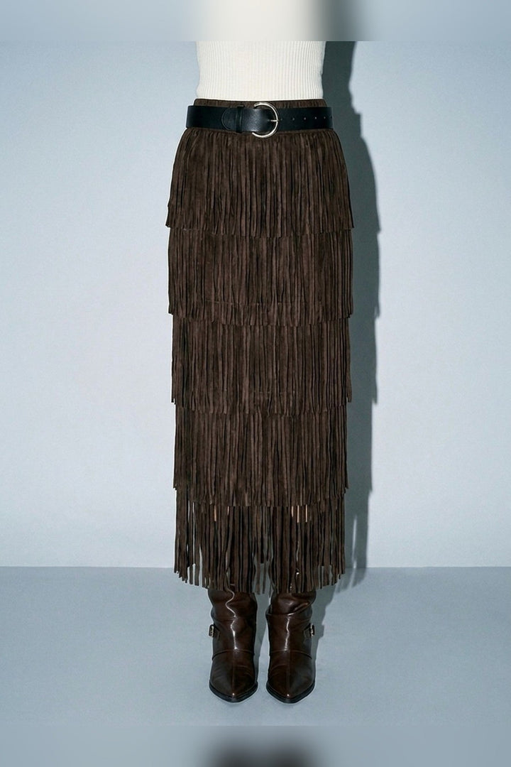 Brown Pleated Fringe Layered Belted Maxi Skirt - STYLED BY ALX COUTURESkirts
