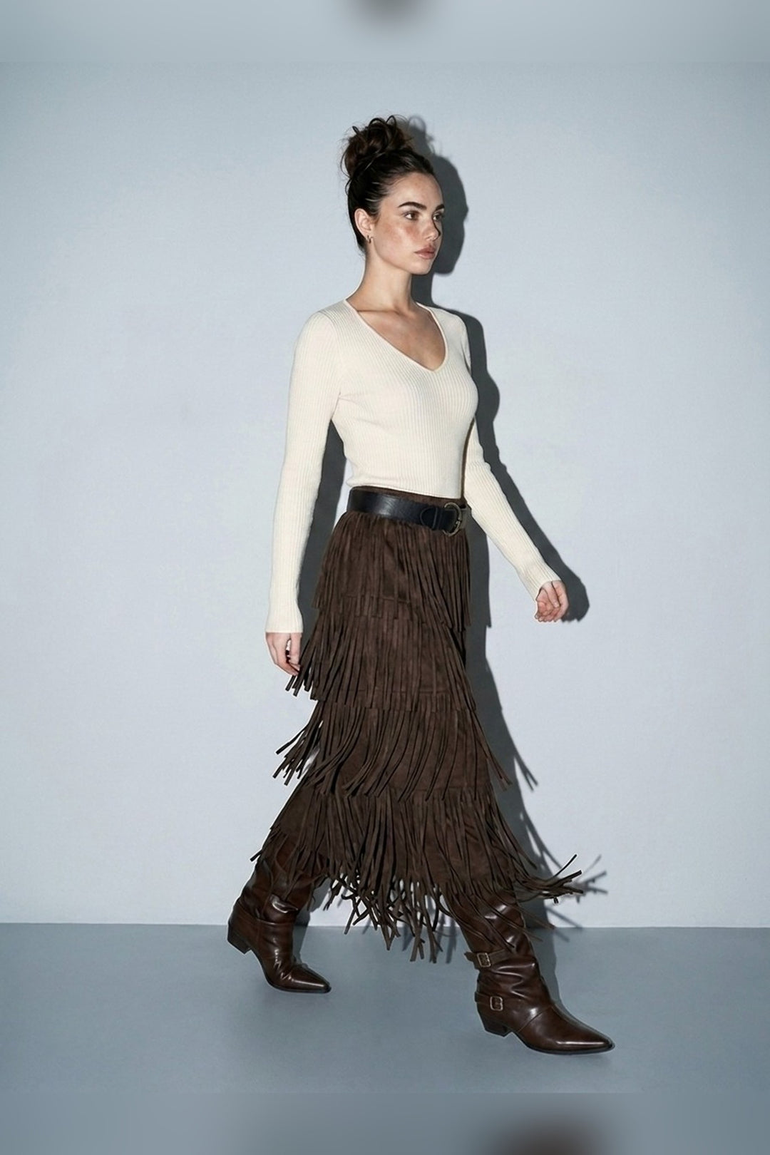 Brown pleated fringe maxi skirt, three-quarter view