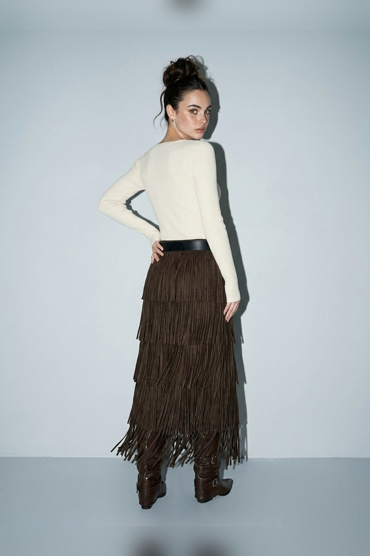 Brown fringe belted maxi skirt, back view