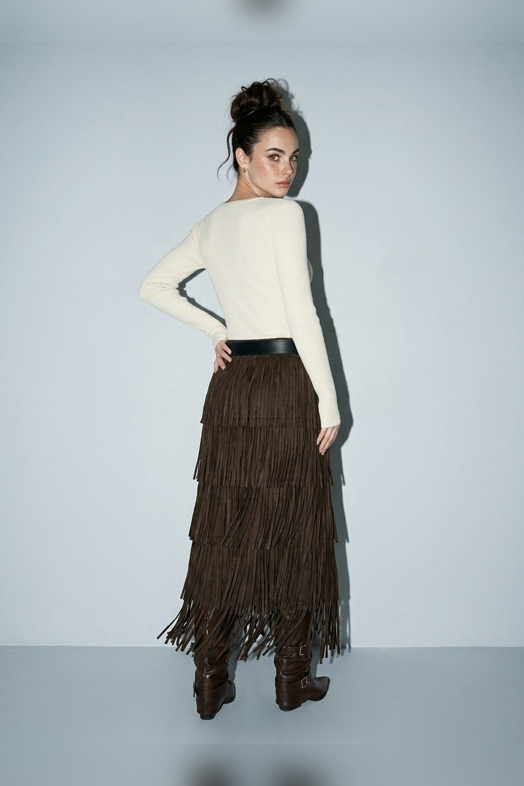 Brown Pleated Fringe Layered Belted Maxi Skirt - STYLED BY ALX COUTURESkirts