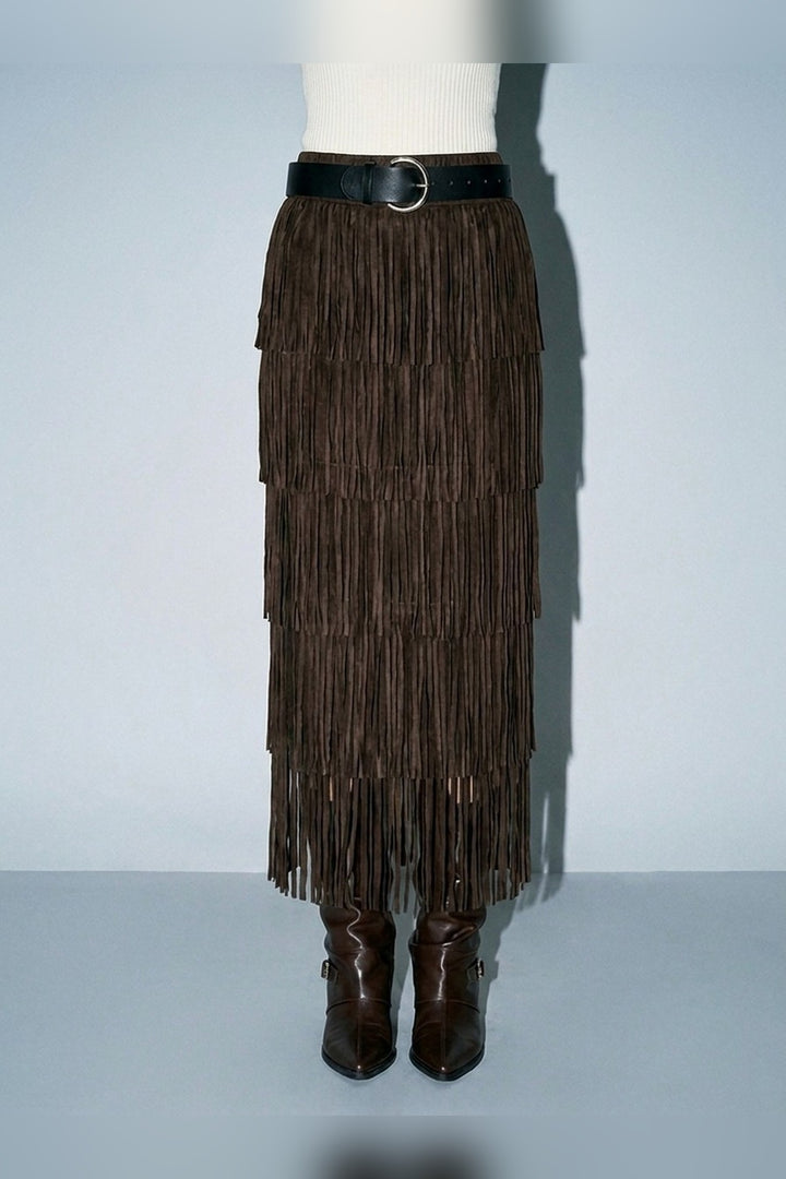 Close up of the tiered fringe layers on the brown maxi skirt
