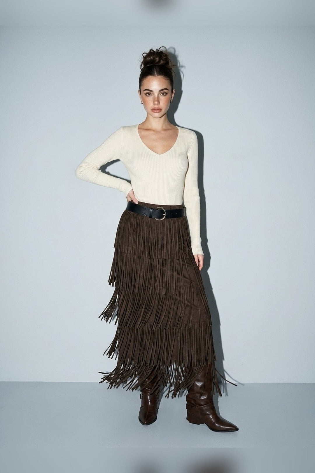 Brown Pleated Fringe Layered Belted Maxi Skirt - STYLED BY ALX COUTURESkirts