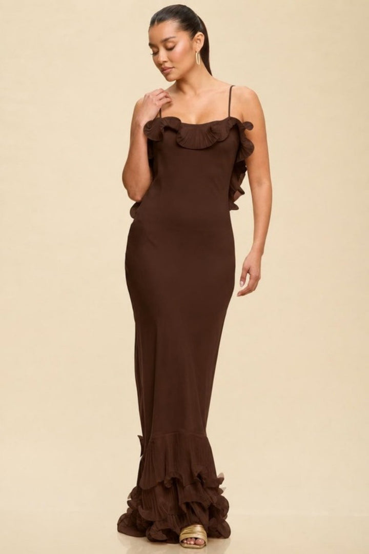 Brown ruffled open back maxi dress with tiered ruffle hem, side view