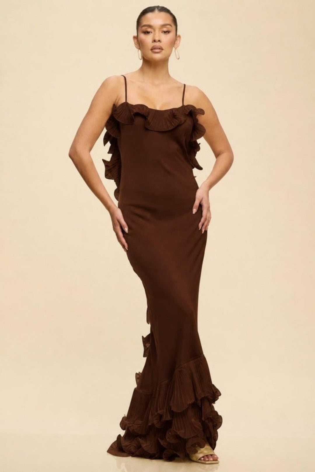 Brown Ruffled Open Back Maxi Dress - STYLED BY ALX COUTUREDresses