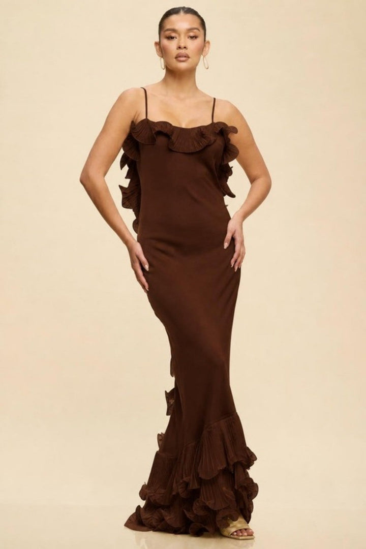 Brown Ruffled Open Back Maxi Dress - STYLED BY ALX COUTUREDresses