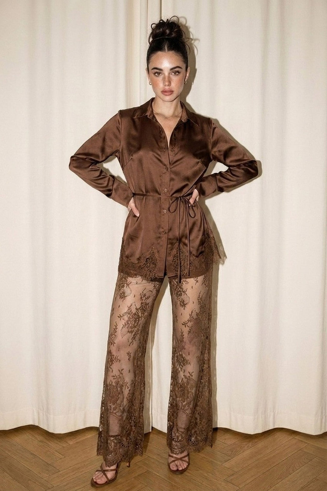 Brown satin tie waist shirt and corded lace wide leg pant set, front view