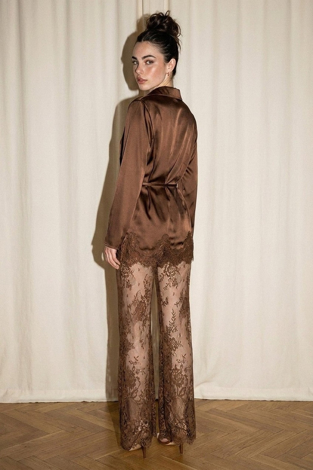 Brown satin and corded lace evening pant set, back view