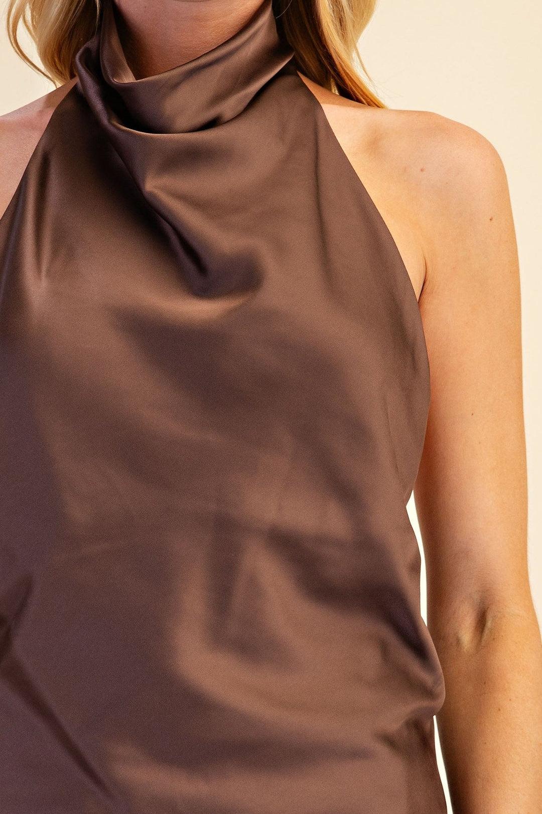 Brown Satin Halter Cowl Neck Open Back Top - STYLED BY ALX COUTURETops