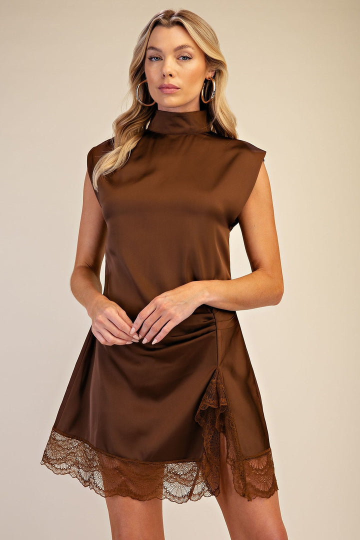 Brown Satin High Neck Lace Trim Mini Dress - STYLED BY ALX COUTUREDresses