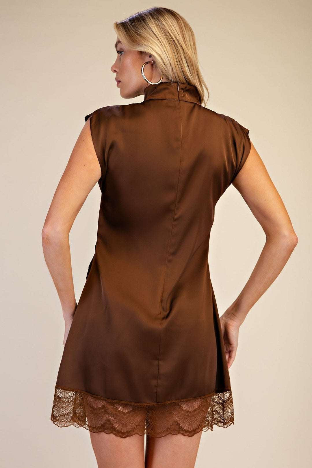 Brown Satin High Neck Lace Trim Mini Dress - STYLED BY ALX COUTUREDresses
