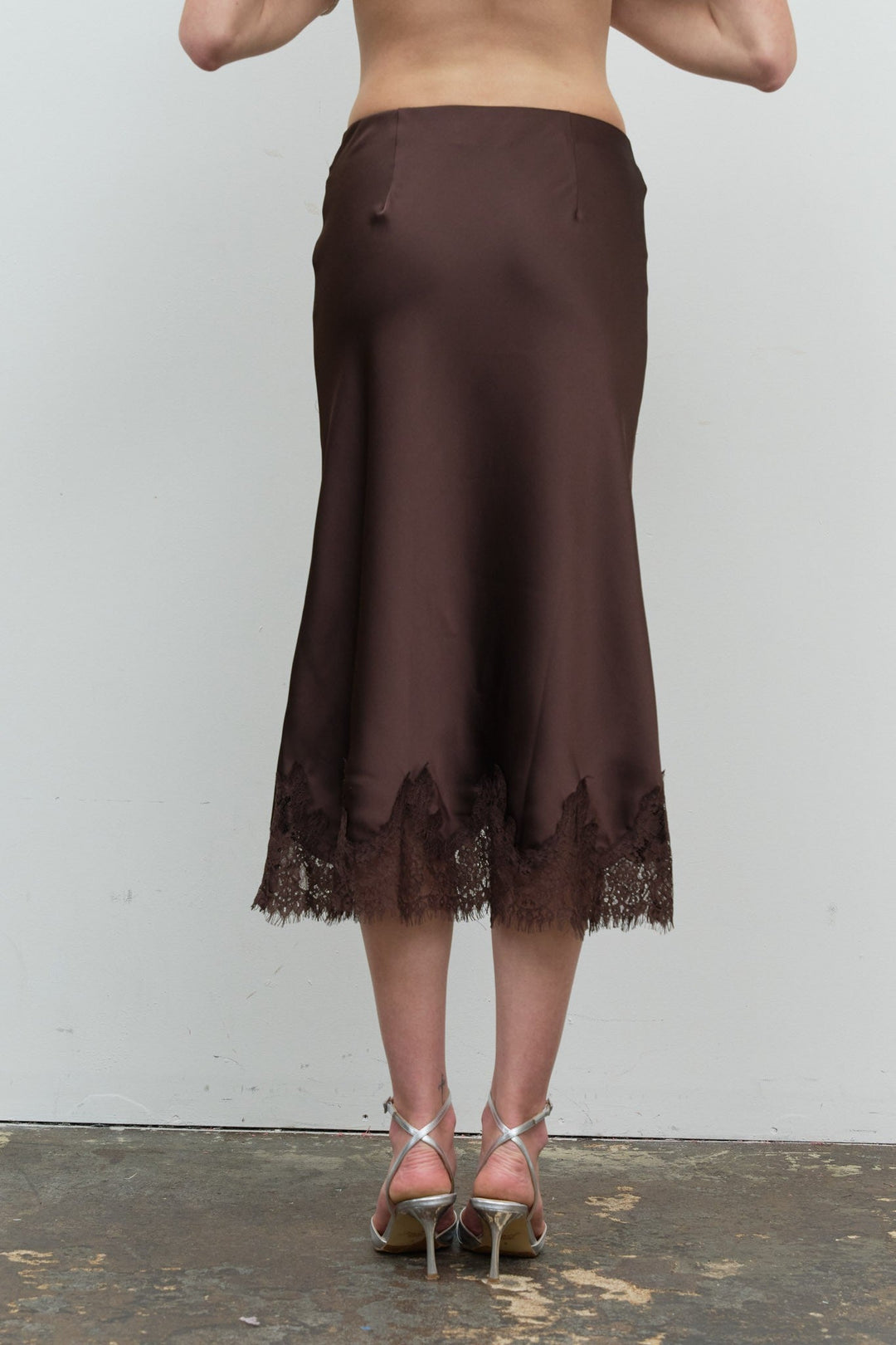 Brown Satin Lace Midi Skirt - STYLED BY ALX COUTURESkirts &amp; Skorts