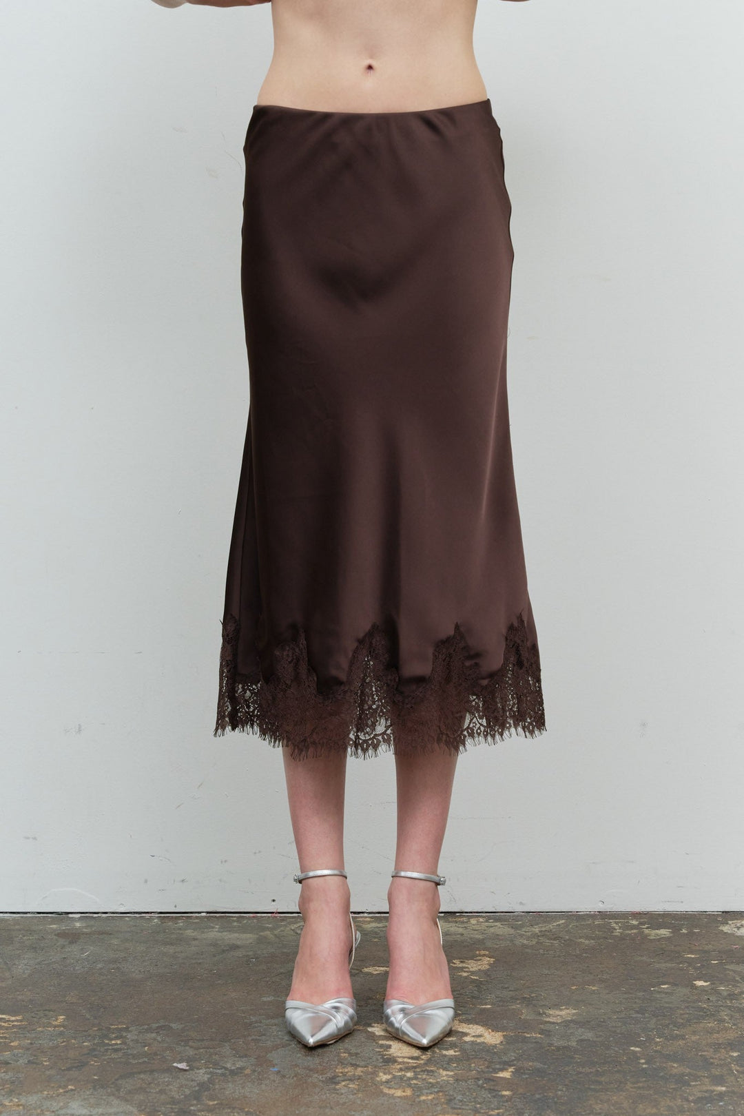 Brown Satin Lace Midi Skirt - STYLED BY ALX COUTURESkirts &amp; Skorts