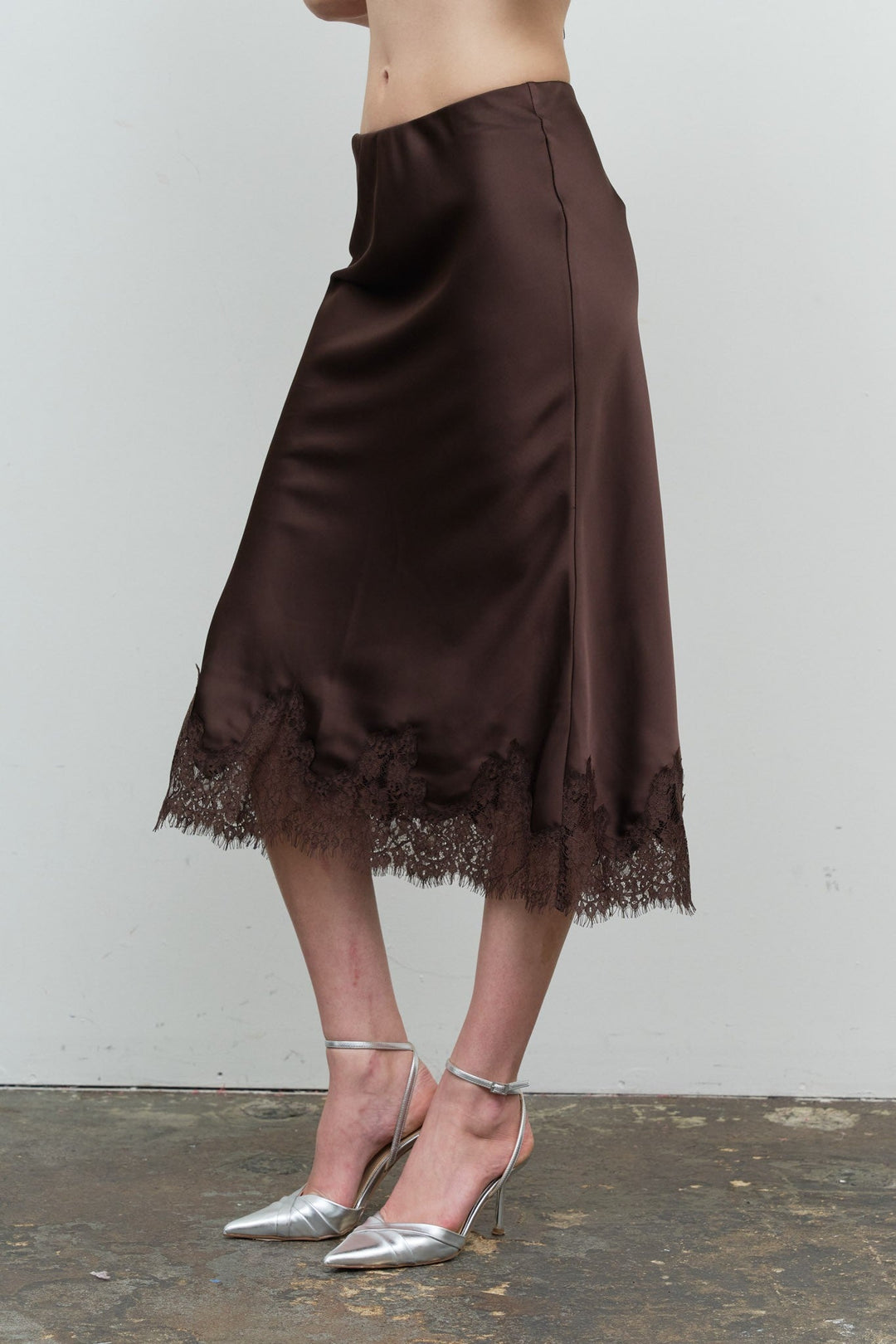 Brown Satin Lace Midi Skirt - STYLED BY ALX COUTURESkirts &amp; Skorts