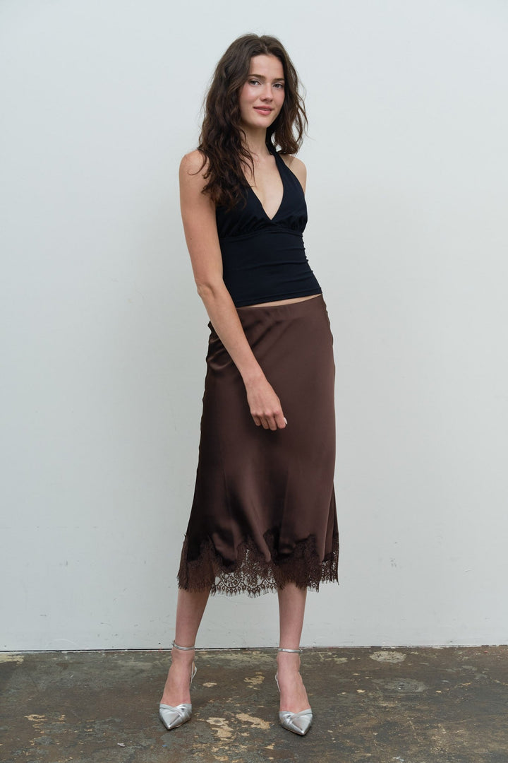 Brown Satin Lace Midi Skirt - STYLED BY ALX COUTURESkirts &amp; Skorts