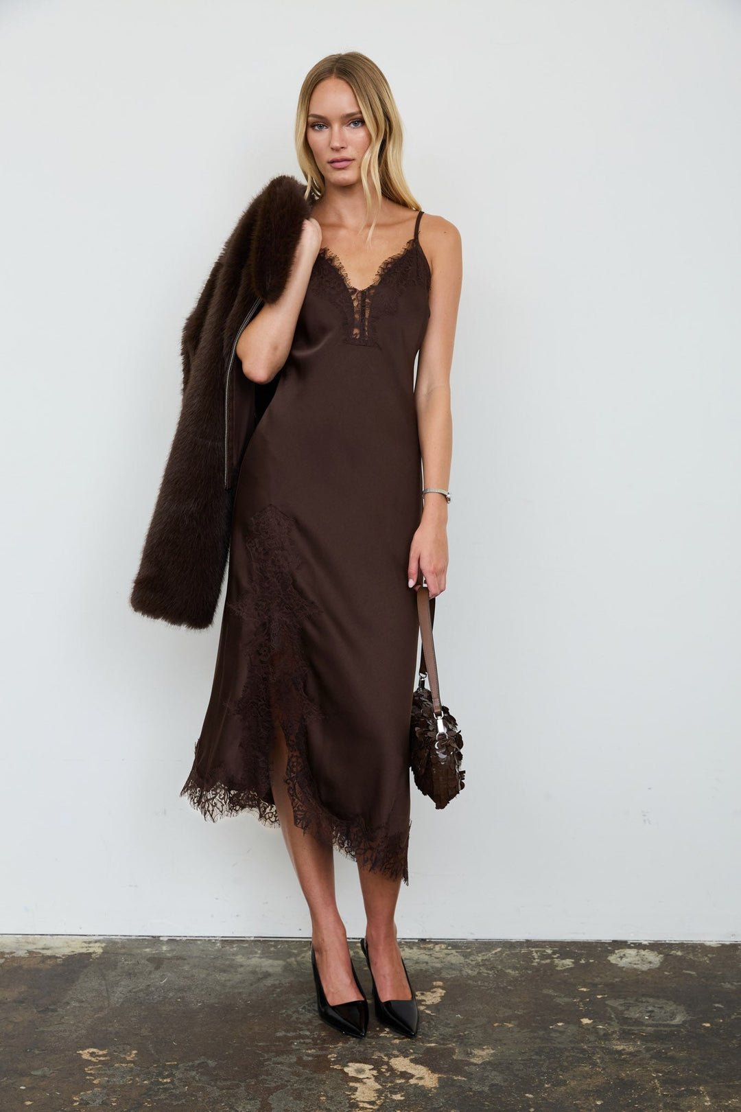 Brown Satin Lace Slip Dress - STYLED BY ALX COUTUREDresses