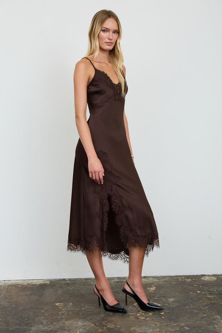Brown Satin Lace Slip Dress - STYLED BY ALX COUTUREDresses