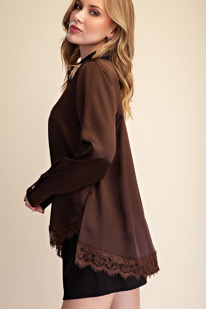 Brown Satin Lace Trim Button Up Shirt - STYLED BY ALX COUTURETops