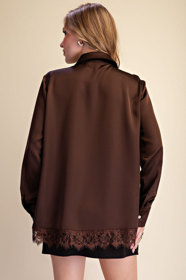 Brown Satin Lace Trim Button Up Shirt - STYLED BY ALX COUTURETops