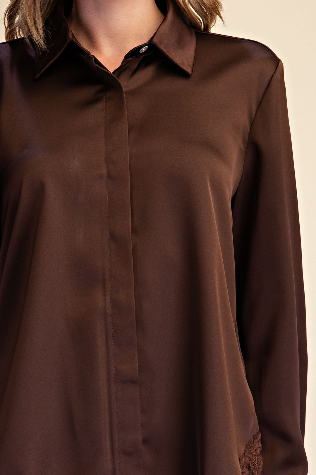 Brown Satin Lace Trim Button Up Shirt - STYLED BY ALX COUTURETops