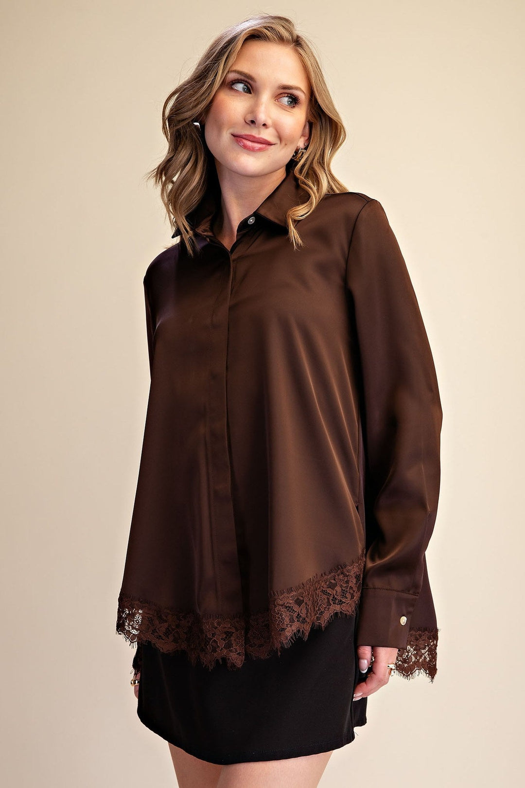 Brown Satin Lace Trim Button Up Shirt - STYLED BY ALX COUTURETops